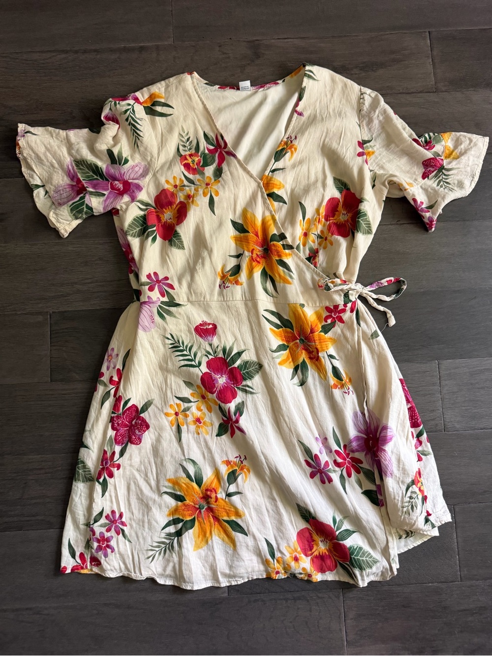 Old Navy Cream Wrap Mini Dress with Pink & Yellow Floral Print